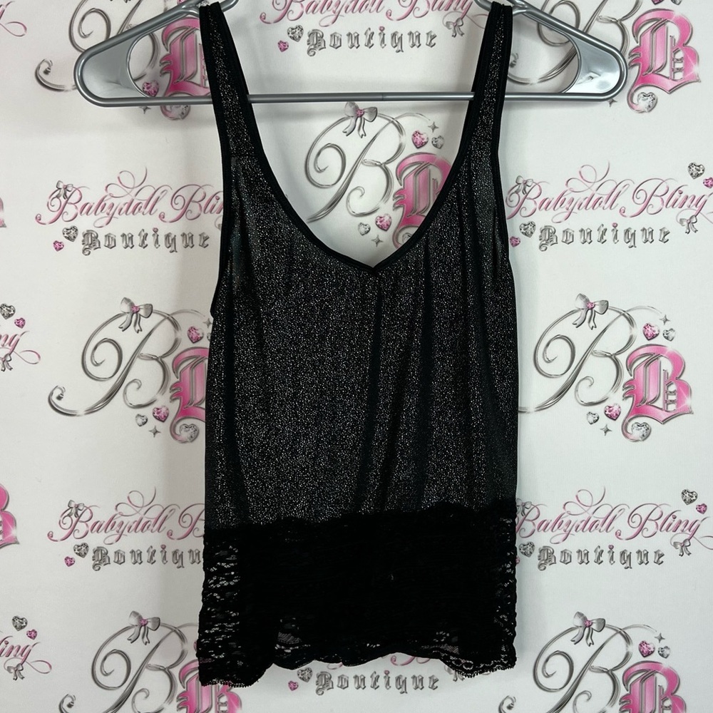 Rampage tank top sparkly lace hem bottom Lacie floral glitter Black Top